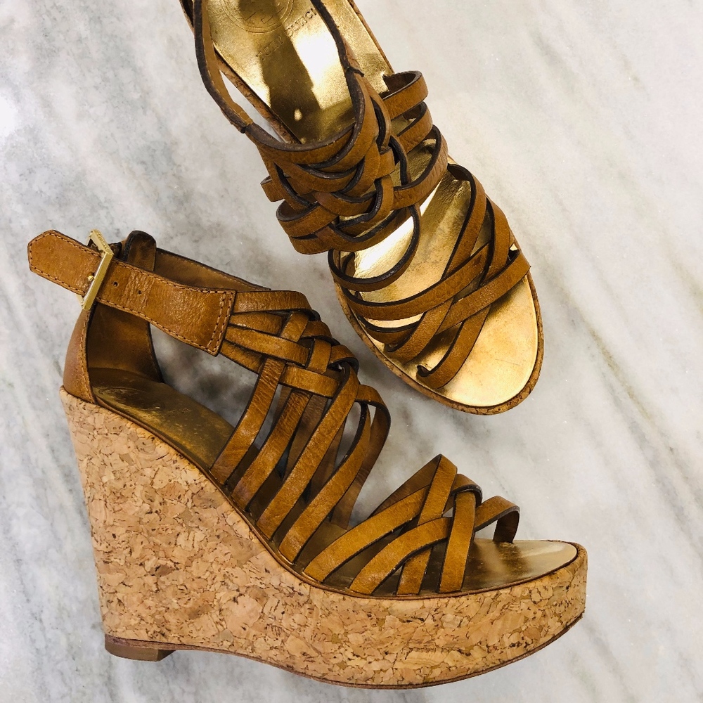 Tory Burch Brown Leather Cork Wedge Sandals $380